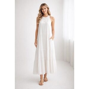 Grace Karma White Boho Maxi Dress M Crochet Halter Tiered Lined Pockets NWT